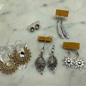 NWT—Bundle of 5 Pairs Earrings—Boho + Clear Studs—Silver & Gold Tones